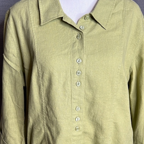 CHRISTOPHER & BANKS XL GREEN LINEN BUTTON UP BLOUSE - Picture 3 of 8